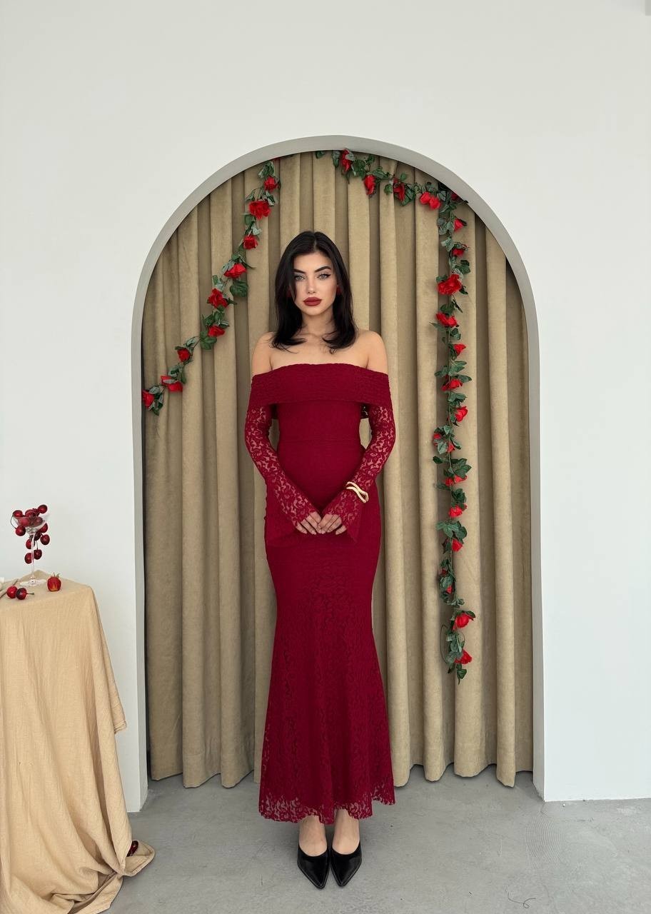 ARYA MADONNA YAKA DANTEL BALIK ELBİSE-BORDO