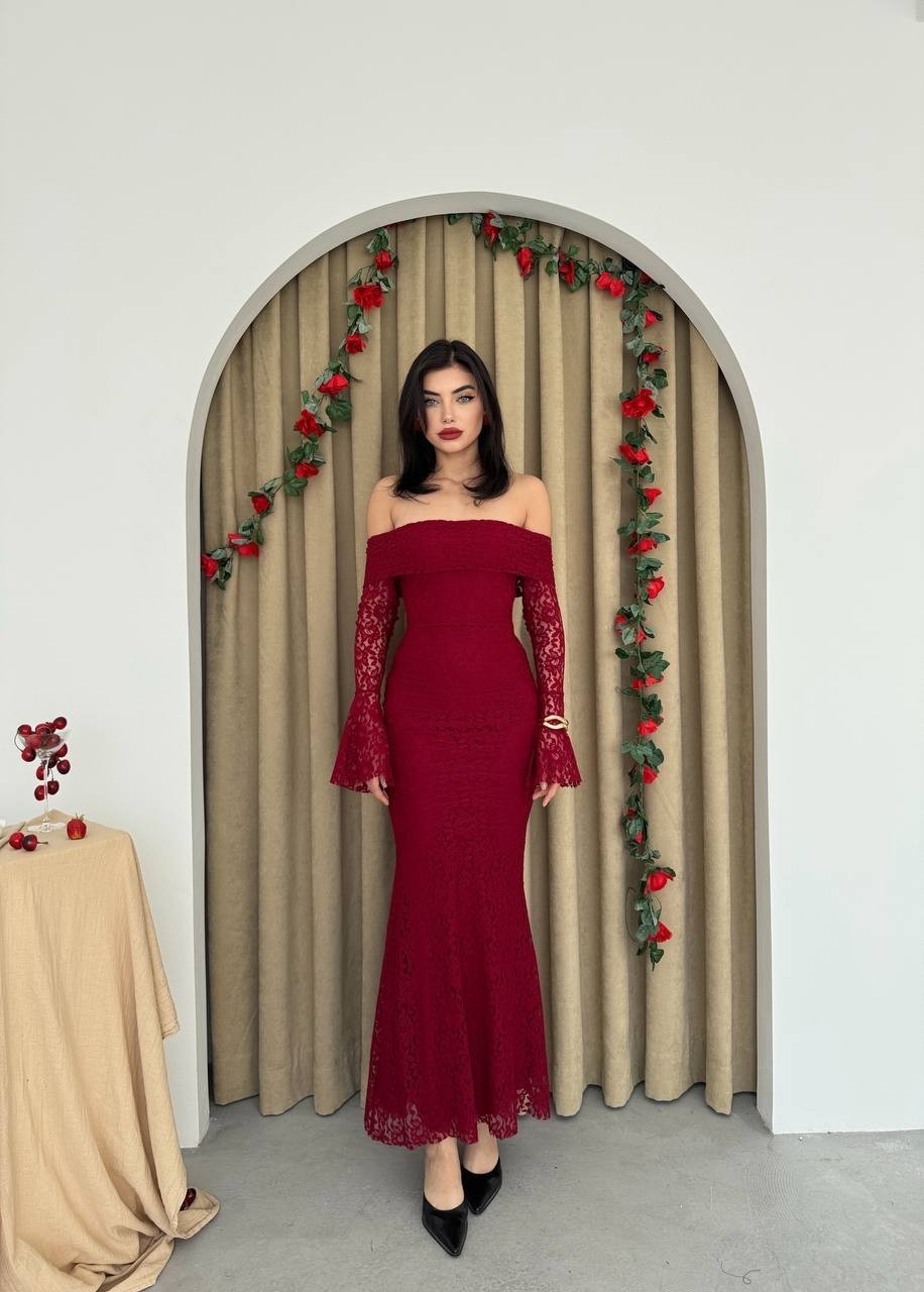 ARYA MADONNA YAKA DANTEL BALIK ELBİSE-BORDO