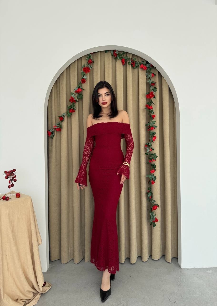 ARYA MADONNA YAKA DANTEL BALIK ELBİSE-BORDO