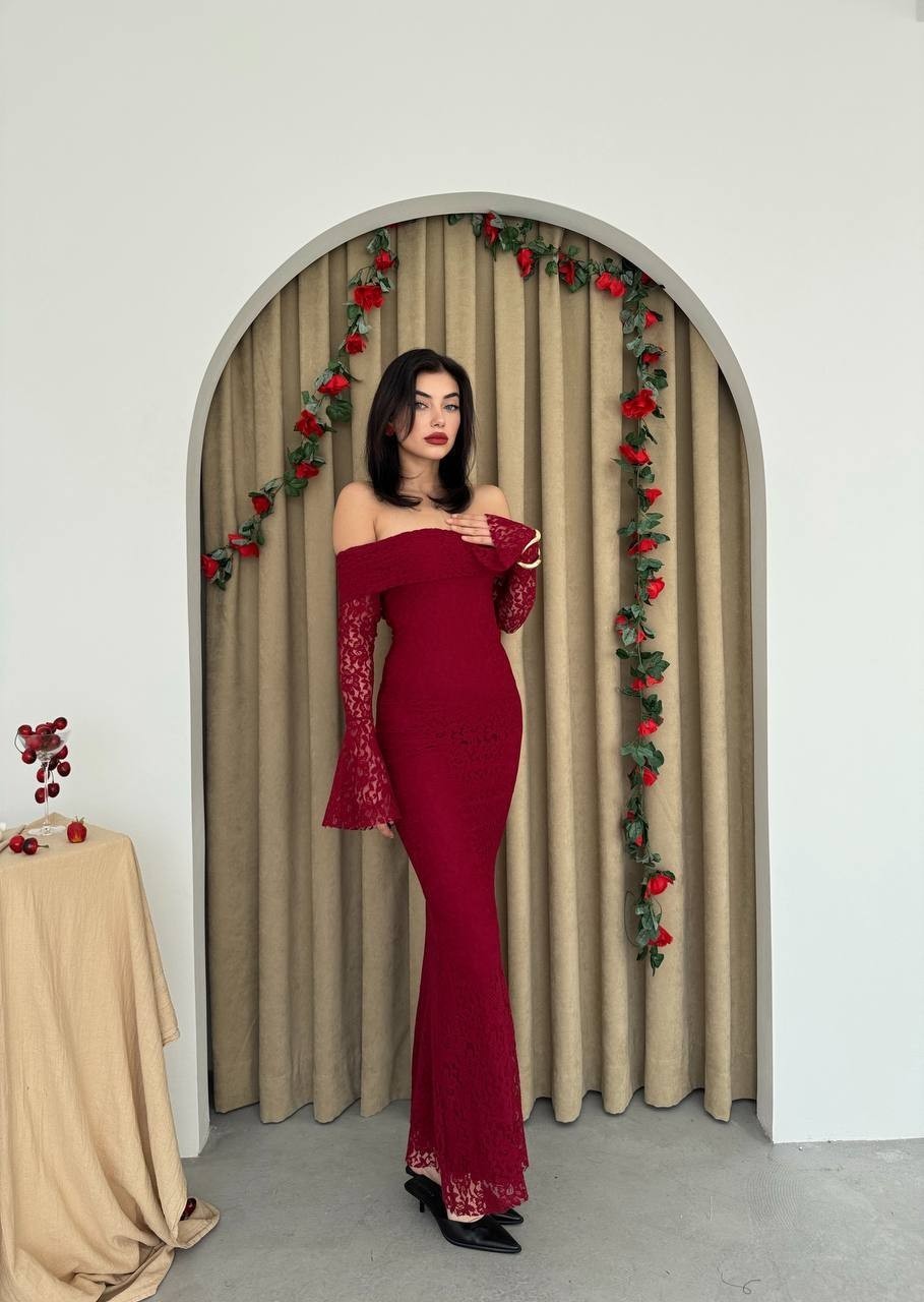 ARYA MADONNA YAKA DANTEL BALIK ELBİSE-BORDO