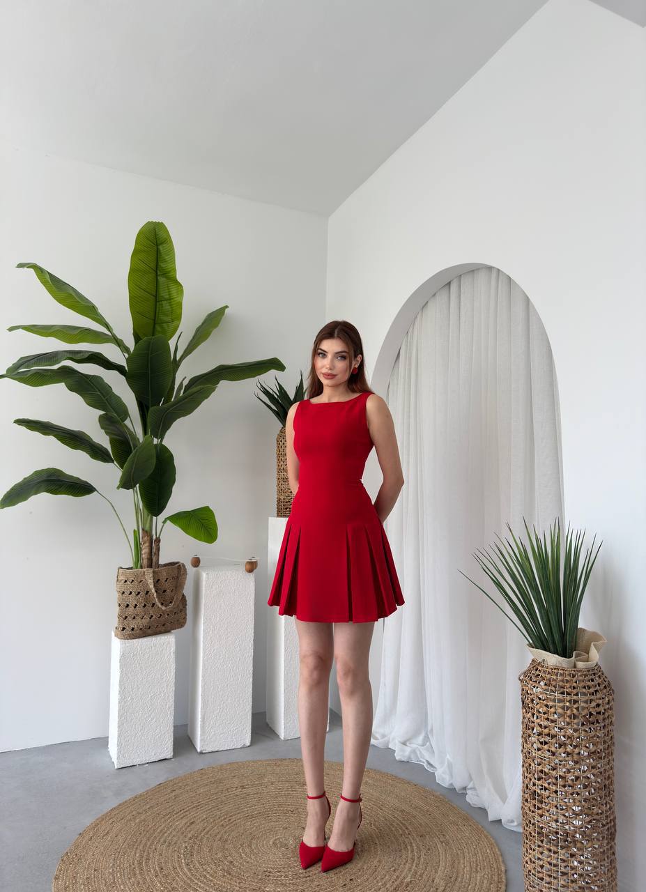 PİLELİ ATLAS KUMAŞ MİNİ ELBİSE-KIRMIZI